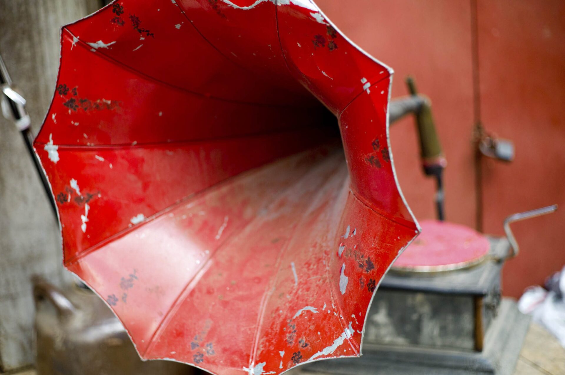 A vintage crank gramophone for sale in a Yangon antique shop, 2012