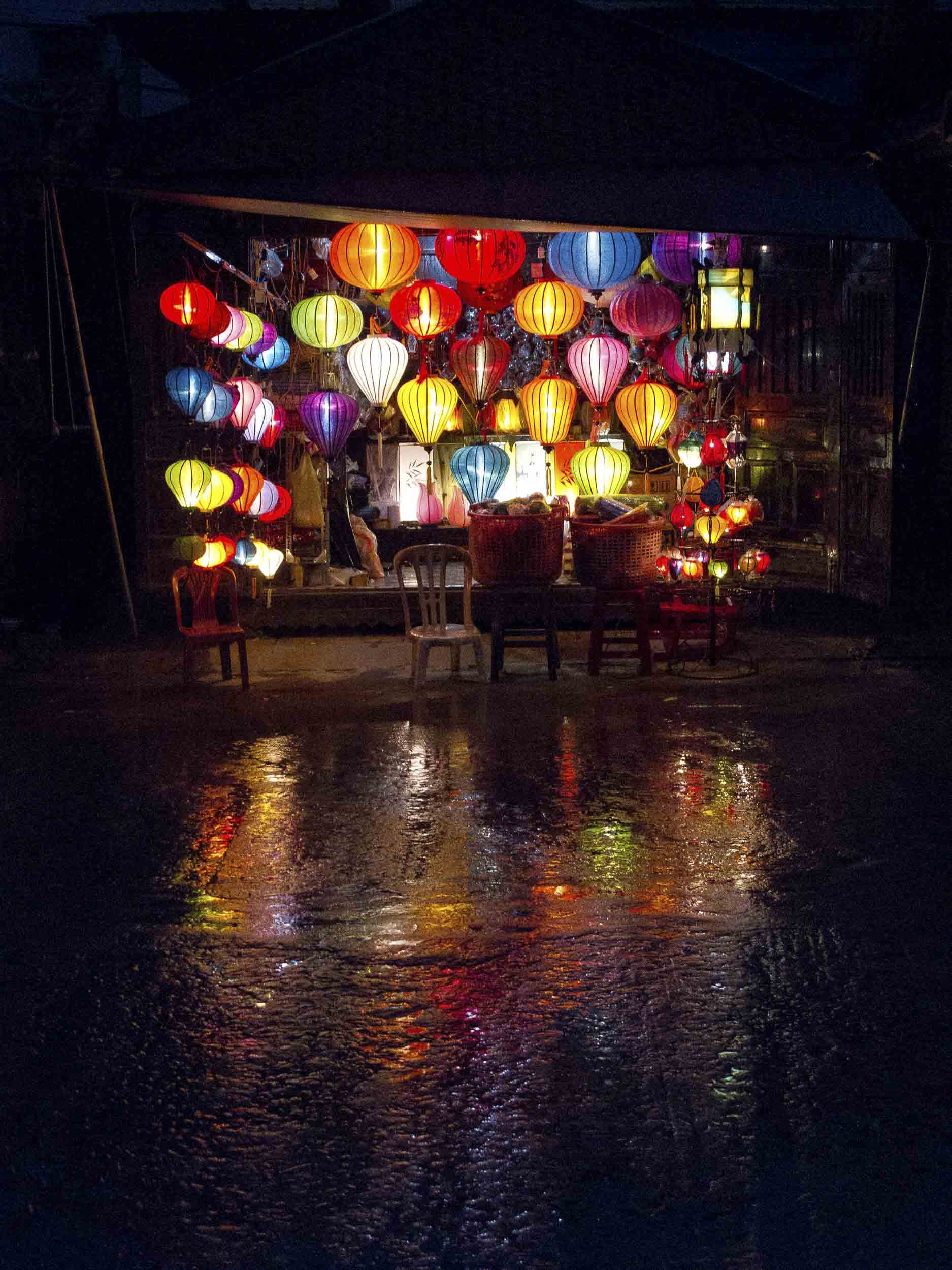 Lamps for sale on a rainy Hoi An night. Located on the Thu Bon River, Hoi An was a trading hub dating back to the 17th century. Merchants from China, Japan and Europe converged here in the gorgeously-preserved city, 2011